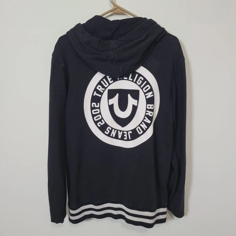 True Religion Large Zip Hoodie Mens Black White Horseshoe Graphic Logo Striped